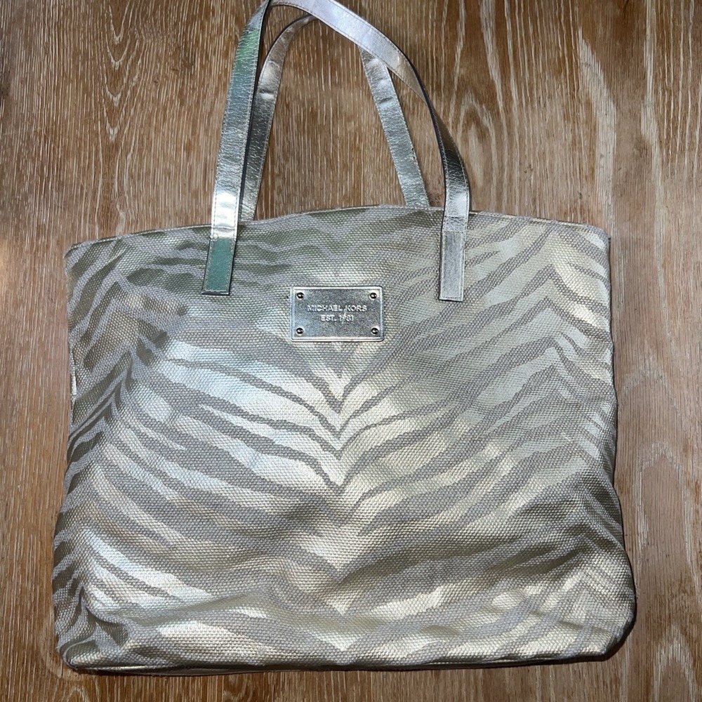Michael Kors Metallic Gold Canvas‎ W/ Zebra Print Tote Bag